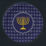 HANUKKAH Star of David Menorah Blue Silver Paper Plates<br><div class="desc">Celebrate your faith loud and proud during the HANUKKAH season with this stylish blue and silver gray party plate. The design shows a gold colored menorah at the centre, set against a silver gray Star of David pattern with midnight blue background.This plate is suitable for any Jewish-themed event, whether planned...</div>