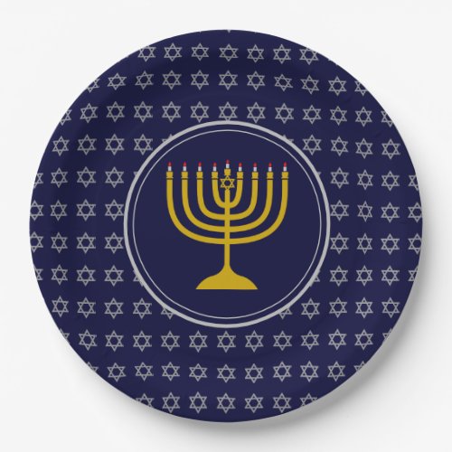 HANUKKAH Star of David Menorah Blue Silver Paper Plates