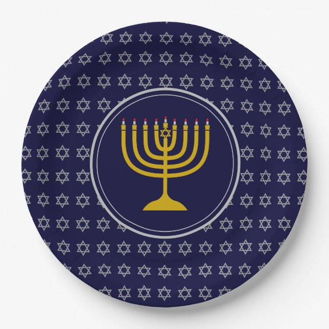 HANUKKAH Star of David Menorah Blue Silver Paper Plates (Front)