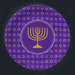 HANUKKAH Star of David Menorah Purple Silver Paper Plates<br><div class="desc">Celebrate your faith loud and proud during the HANUKKAH season with this stylish purple and silver gray party plate. The design shows a gold colored menorah at the centre, set against a silver gray Star of David pattern with royal purple background.This plate is suitable for any Jewish-themed event, whether planned...</div>
