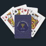 Hanukkah Star of David Poker Cards<br><div class="desc">Hanukkah Star of David Playing Cards. Stylish blue Happy Hanukkah playing cards, featuring curved text in silver gray typography. In the centre there is a gold-colored menorah and לחיים (which means 'To Life'). The bottom curved text says 'L'CHAIM' ('To Life'), which is the equivalent of 'Cheers'. The text is customizable,...</div>