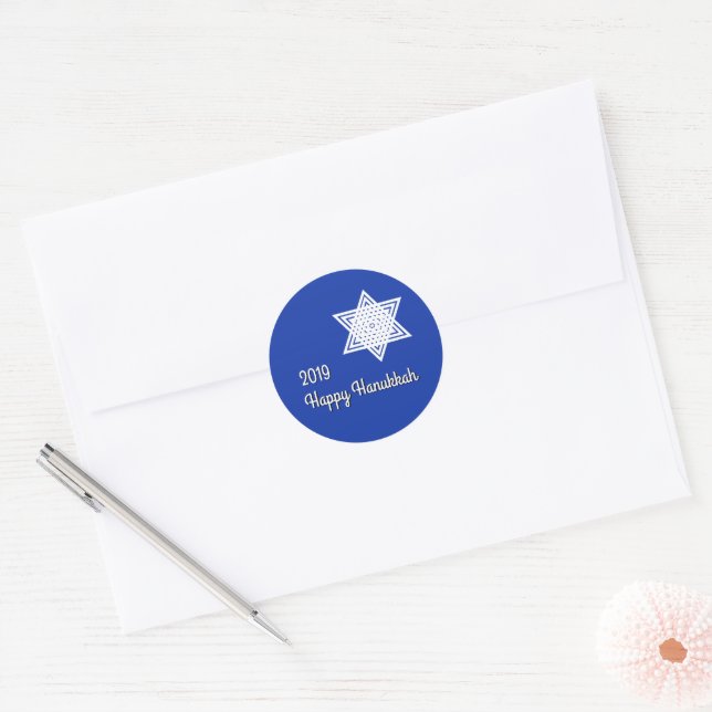Hanukkah Star of David White on Blue Background Classic Round Sticker (Envelope)