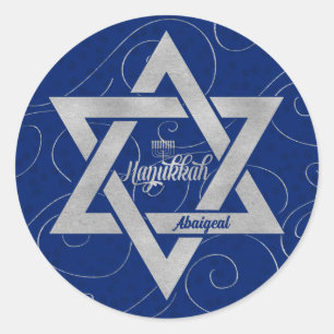 Hanukkah Star of David with Blue with Name Classic Round Sticker