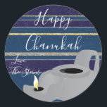 Hanukkah Stickers (1 1/2"/3")"Oil Lamp Gold/Silver<br><div class="desc">Hanukkah/Holiday stickers, personalize. "Oil Lamp Gold/Silver" Choose from 1 1/2" and 3" stickers. Personalize by deleting and replacing text with your own message. Choose your favorite font size, style, and color. Thanks for stopping and shopping by! Your business is very much appreciated! Happy Hanukkah! Shape: Classic Round Sticker Make your...</div>