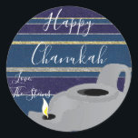 Hanukkah Stickers (1 1/2"/3")"Oil Lamp Gold/Silver<br><div class="desc">Hanukkah/Holiday stickers, personalize. "Oil Lamp Gold/Silver" Choose from 1 1/2" and 3" stickers. Personalize by deleting and replacing text with your own message. Choose your favorite font size, style, and color. Thanks for stopping and shopping by! Your business is very much appreciated! Happy Hanukkah! Shape: Classic Round Sticker Make your...</div>