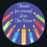 Hanukkah Stickers (1 1/2" or 3") Colorful Candles<br><div class="desc">Hanukkah stickers, "Colorful Happy Hanukkah Candles." Personalize by changing font size, style, color and wording. So many uses: To and From gift stickers, Thank You stickers on treat bags, Cake Toppers (stick on heavy cardstock, cut out sticker, tape toothpick on back of cardstock), or how about Gift Tags (stick on...</div>