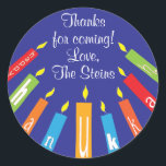 Hanukkah Stickers (1 1/2" or 3") Colorful Candles<br><div class="desc">Hanukkah stickers, "Colorful Happy Hanukkah Candles." Personalize by changing font size, style, color and wording. So many uses: To and From gift stickers, Thank You stickers on treat bags, Cake Toppers (stick on heavy cardstock, cut out sticker, tape toothpick on back of cardstock), or how about Gift Tags (stick on...</div>