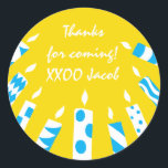 Hanukkah Stickers (1 1/2" or 3") Yel/Blue Candles<br><div class="desc">Personalize by changing font size, style, color and wording. So many uses: To and From gift stickers, Thank You stickers on treat bags, Cake Toppers (stick on heavy cardstock, cut out sticker, tape toothpick on back of cardstock), or how about Gift Tags (stick on heavy cardstock, cut out sticker, punch...</div>