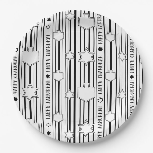 Hanukkah Stripes, Stars, and Dreidels Paper Plates (Front)