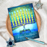 Hanukkah Stylish Blue Green Menorah on Teal Flat Holiday Card<br><div class="desc">“Happy Hanukkah”. A close-up photo illustration of a bright, colorful, blue artsy menorah on a textured teal blue background helps you usher in the holiday of Hanukkah. Feel the warmth and joy of the holiday season whenever you send this stunning, colorful Hanukkah flat greeting card. Matching envelopes, stickers, tote bags,...</div>