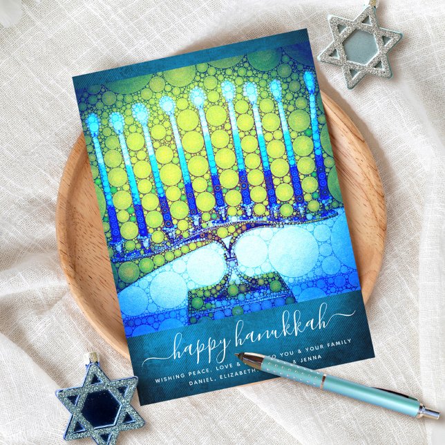 Hanukkah Stylish Blue Green Menorah on Teal Flat Holiday Card (Creator Uploaded)