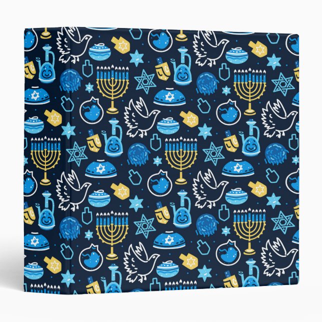 Hanukkah Symbols Blue Pattern 3 Ring Binder (Front/Spine)