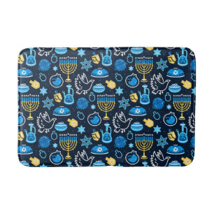 Hanukkah Symbols Blue Pattern Bath Mat