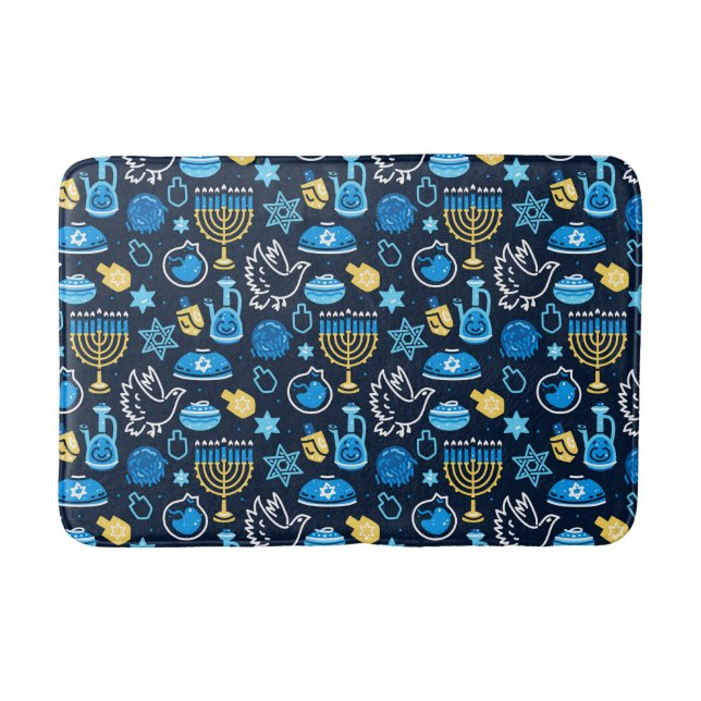 Hanukkah Symbols Blue Pattern Bath Mat (Front)