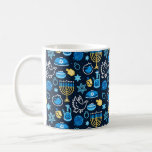 Hanukkah Symbols Blue Pattern Coffee Mug<br><div class="desc">Celebrate the Festival of Lights with this Hanukkah-themed pattern. Featuring traditional symbols like menorahs,  dreidels,  doves,  and Stars of David,  all in vibrant blue,  gold,  and white hues,  this design is perfect for festive products. Ideal for Hanukkah wrapping paper,  greeting cards,  and other holiday decor.</div>