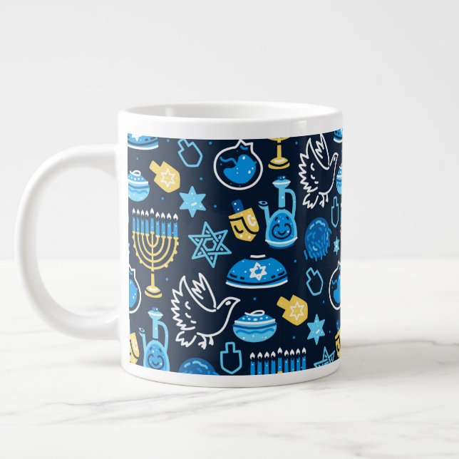 Hanukkah Symbols Blue Pattern Giant Coffee Mug (Left)