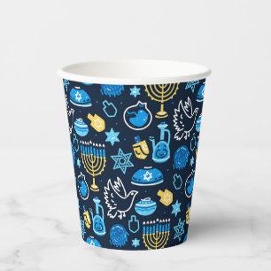 Hanukkah Symbols Blue Pattern Paper Cups