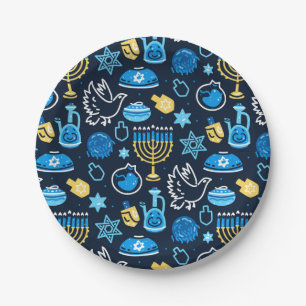 Hanukkah Symbols Blue Pattern Paper Plates