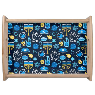 Hanukkah Symbols Blue Pattern Serving Tray