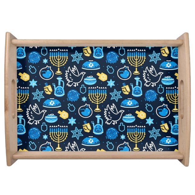 Hanukkah Symbols Blue Pattern Serving Tray (Front)