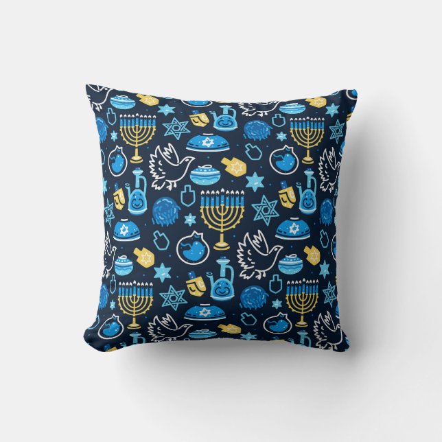 Hanukkah Symbols Blue Pattern Throw Pillow (Front)