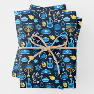 Hanukkah Symbols Blue Pattern Wrapping Paper Sheets