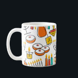 Hanukkah Symbols: Jewish Holiday Pattern. Coffee Mug<br><div class="desc">Hanukkah seamless pattern. Jewish Holiday Hanukkah symbol. Menorah (candlestick), candles, donuts (sufganiyan), gifts, dreidel, coins, oil. Happy Hannukah in Hebrew. Vintage illustration Hanukkah symbols in a lovely vintage pattern. Hanukkah symbols in a vintage illustration. hanukkah, chanukah, hanukka, pattern, hannukah, hanuka, chanuka, background, donut, white, illustration, seamless, paper, texture, chanukkah, light,...</div>