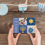 Hanukkah Symbols Quilt Photo Card<br><div class="desc">A Menorah,  Star of David and Dreidel with a quilt applique look wish friends and family Eight Magical Days on this charming Photo Card. Reverse side has a blue quilted look. Customize with your Family's Photo and Names for a truly personal Hanukkah greeting!</div>