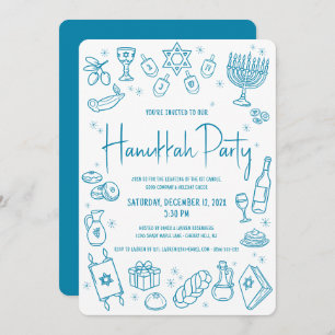 Hanukkah Teal Hand Drawn Doodles Whimsical Party Invitation