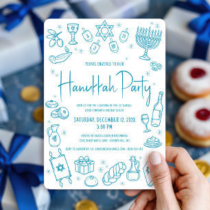 Hanukkah Teal Hand Drawn Doodles Whimsical Party Invitation