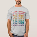 Hanukkah Text Modern Playful Rainbow Colors Modern T-Shirt<br><div class="desc">Celebrate Hanukkah in style with this vibrant and festive t-shirt featuring a bold, repeating "Happy Hanukkah" design in a rainbow of colors. The stacked typography adds a modern and playful touch, making this shirt a great choice for Hanukkah gatherings, holiday parties, or casual wear during the Festival of Lights. Perfect...</div>