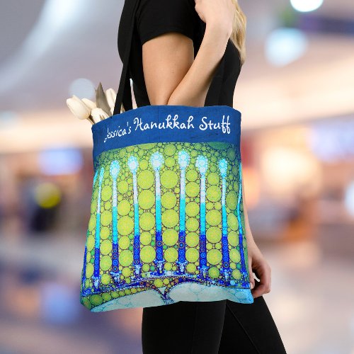 Hanukkah Trendy Blue Green Menorah Custom Name Tote Bag