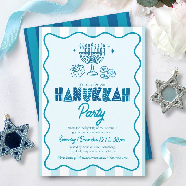 Hanukkah Turquoise Fun Typography Doodles Stripes Invitation (Creator Uploaded)