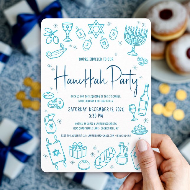 Hanukkah Turquoise Hand Drawn Doodle Playful Party Invitation (Creator Uploaded)