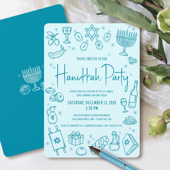 Hanukkah Turquoise Hand Drawn Fun Whimsical Party Invitation (Creator Uploaded)