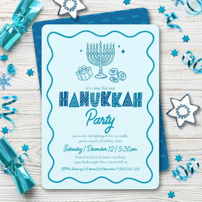 Hanukkah Turquoise Typography Playful Doodle Party Invitation (Creator Uploaded)