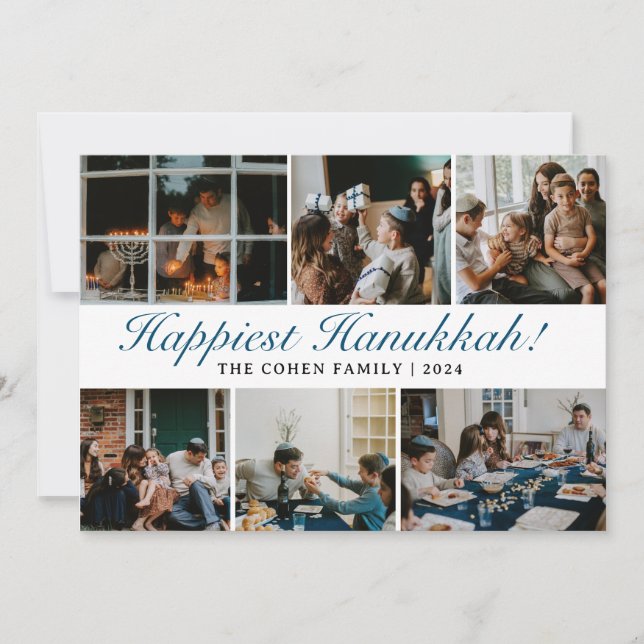 Hanukkah Typography Blue family photo Collage  Holiday Card (Front)
