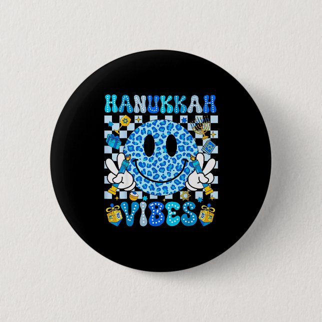 Hanukkah Vibes Groovy Smile Face Jewish Holiday Ch Button (Front)