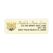 Hanukkah Watercolor Golden Menorah &amp; Flowers Label