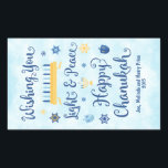 Hanukkah Whimsical Light and Peace Rectangular Sticker<br><div class="desc">A Jewish Hanukkah theme card with a menorah, Star of David and Driedel. The text reads Wishing You Light & Peace Happy Hanukkah. The background is a light blue watercolor wash. Customize this label with a short message, two lines are provided for personalization. These labels are nice for packaging gifts....</div>