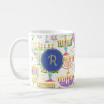 Hanukkah White Gold Menorah Star of David Monogram Coffee Mug<br><div class="desc">This custom holiday coffee mug features a chic pattern of gold,  green and purple menorah and gold Star of David on a white background. On either side is a blue circle boarded in gold for your monogram initial to personalize. Drink in style! Designed by world renowned artist ©Tim Coffey.</div>