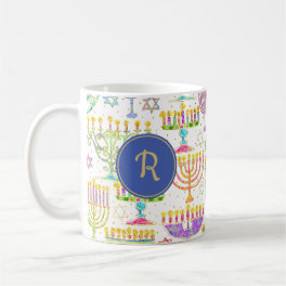 Hanukkah White Gold Menorah Star of David Monogram Coffee Mug