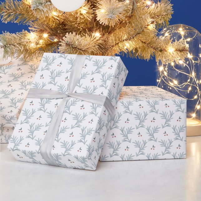 Hanukkah white with sage and magpie - berries 2 wrapping paper (Holidays)