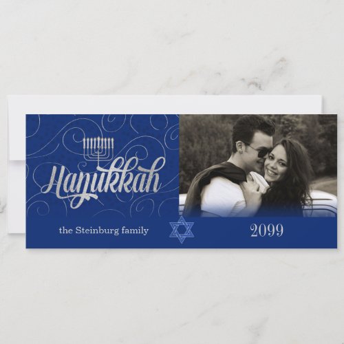 Hanukkah Wishes Custom Year Blue and Silver Photo Holiday Card