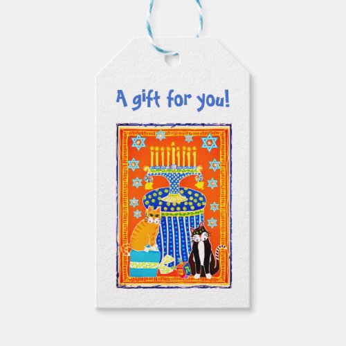 Hanukkah with 2 Cats Menorah Dreidle  Holiday C Gift Tags