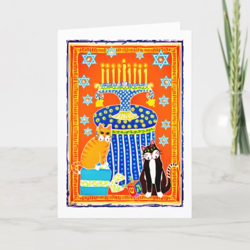 Hanukkah with 2 Cats Menorah Dreidle  Holiday Card