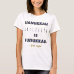 Hanukkah Women's T-Shirt "Hanukkah is Funukkah..."<br><div class="desc">Hanukkah Women's Basic T-Shirt "Hanukkah is Funukkah... just sayin'" Enjoy this gold and blue, sparkly Women's T-shirt! Choose from a variety of different styles, colors and sizes. Thanks for stopping and shopping by. Much appreciated. Happy Chanukah/Hanukkah!!! Style: Women's Basic T-Shirt This basic t-shirt features a relaxed fit for the female...</div>