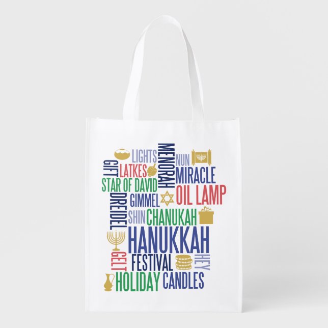 Hanukkah Words Holiday Reusable Tote Bag (Front)