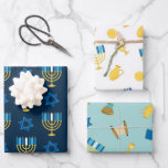 Hanukkah Wrapping Paper Flat Sheet Set of 3<br><div class="desc">Hanukkah gift wrap - set of three different designs. 

Hanukkah 2023
begins Thursday,  7 December
at sunset 
ends Friday,  15 December
at nightfall</div>