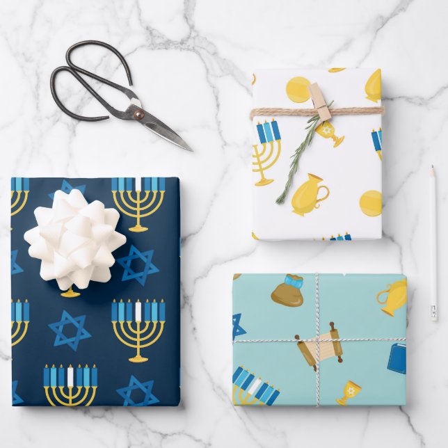 Hanukkah Wrapping Paper Flat Sheet Set of 3 (Front)